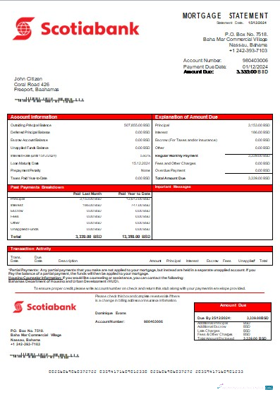 Download Bahamas Scotiabank bank mortgage statement scr Photoshop template